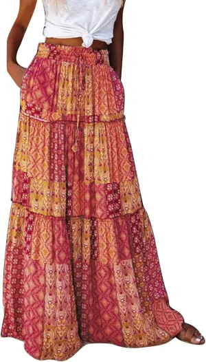 Skirts for Women 2025,Womens Floral Print Boho Maxi Skirt Summer Casual Elastic High Waisted Pleated Ruffle Flowy Skirts