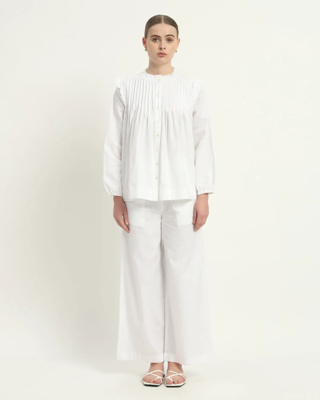 Sleek Peplum Duo White  Linen Top (Without Bottoms)