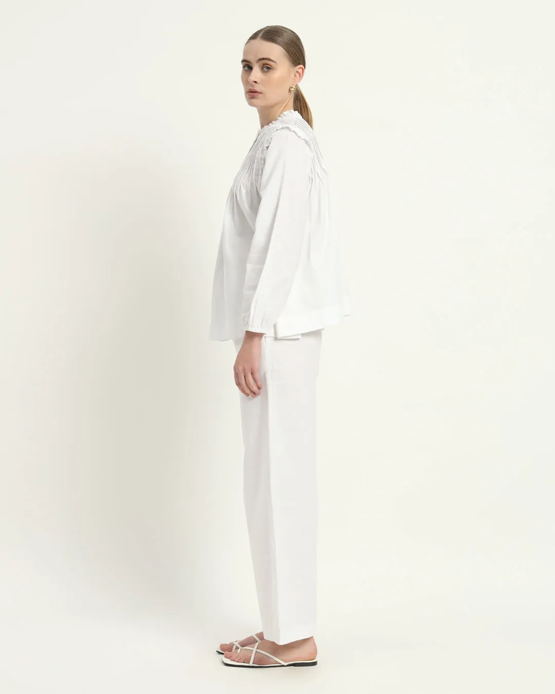 Sleek Peplum Duo White  Linen Top (Without Bottoms)