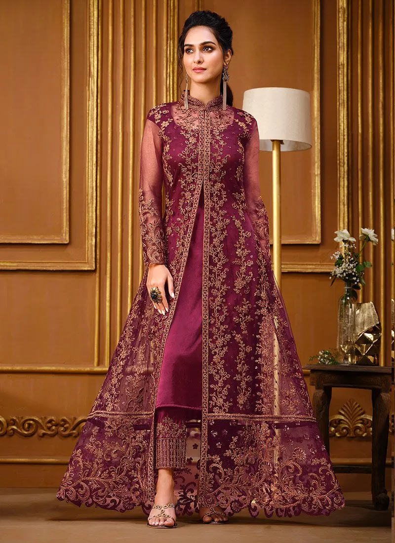 Slit Style Plum Wine Net Embellished Anarkali Pant/Lehenga Suit