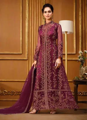 Slit Style Plum Wine Net Embellished Anarkali Pant/Lehenga Suit