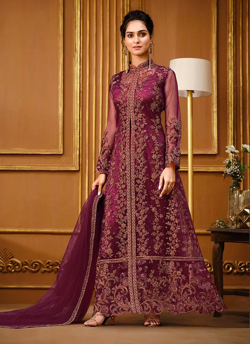 Slit Style Plum Wine Net Embellished Anarkali Pant/Lehenga Suit