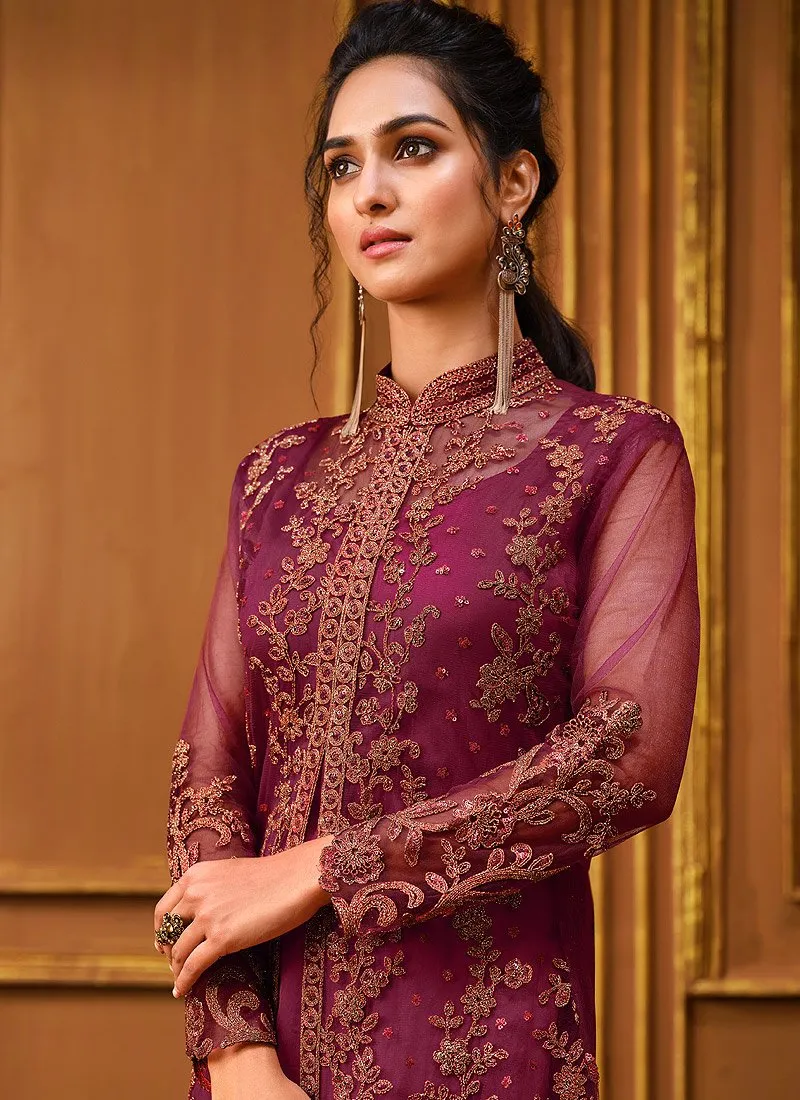 Slit Style Plum Wine Net Embellished Anarkali Pant/Lehenga Suit