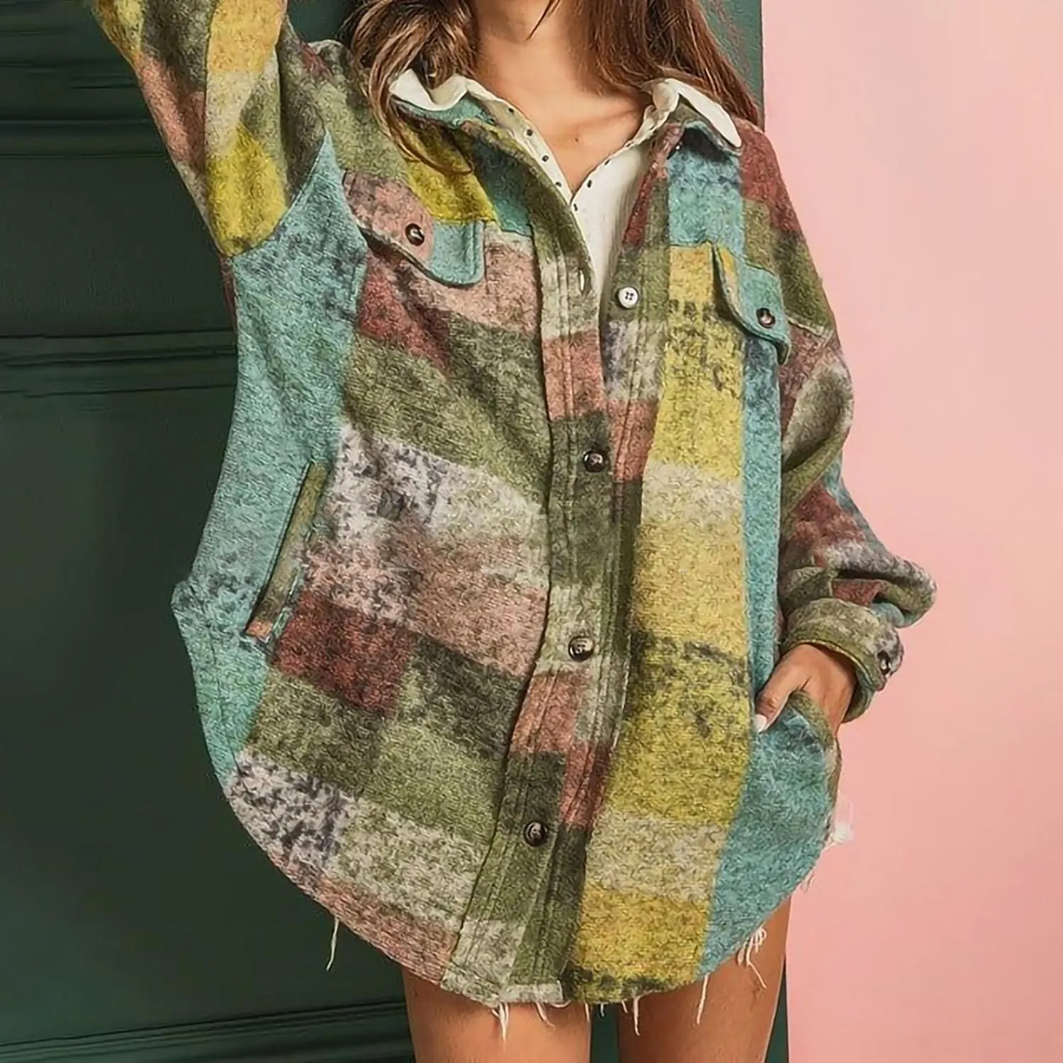 SMIDOW Womens Colorful Flannel Plaid Shacket Jacket Winter Tartan Jacket Button Down Lapel Woolen Coats Casual Plaid Shacket