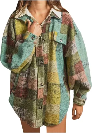 SMIDOW Womens Colorful Flannel Plaid Shacket Jacket Winter Tartan Jacket Button Down Lapel Woolen Coats Casual Plaid Shacket