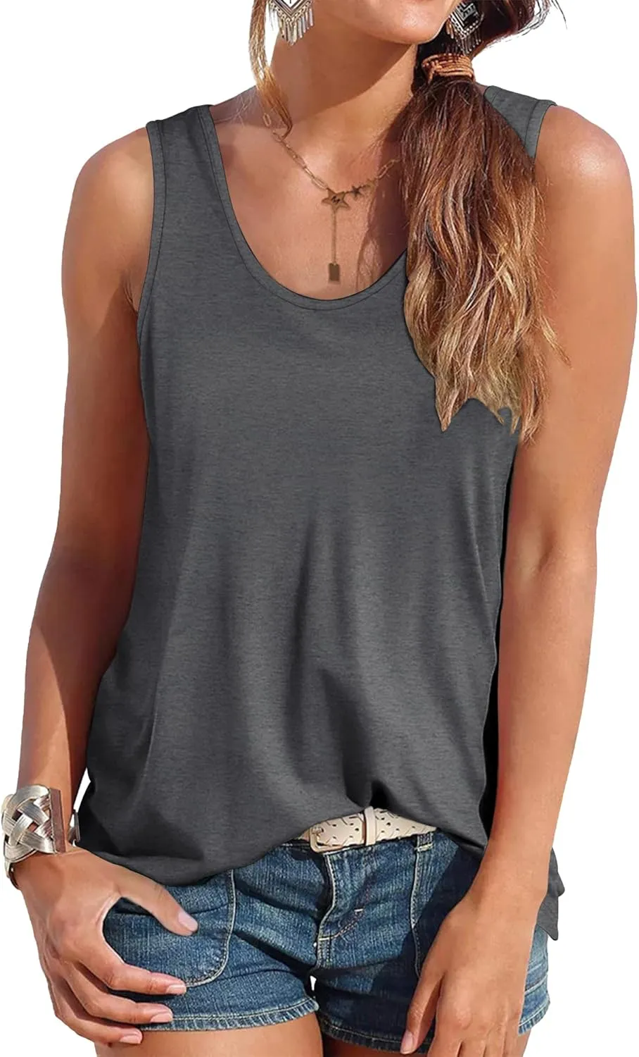 Smile Fish Women Scoop Neck Flowy Loose Fit Tank Top Sleeveless Summer Tops Shirts