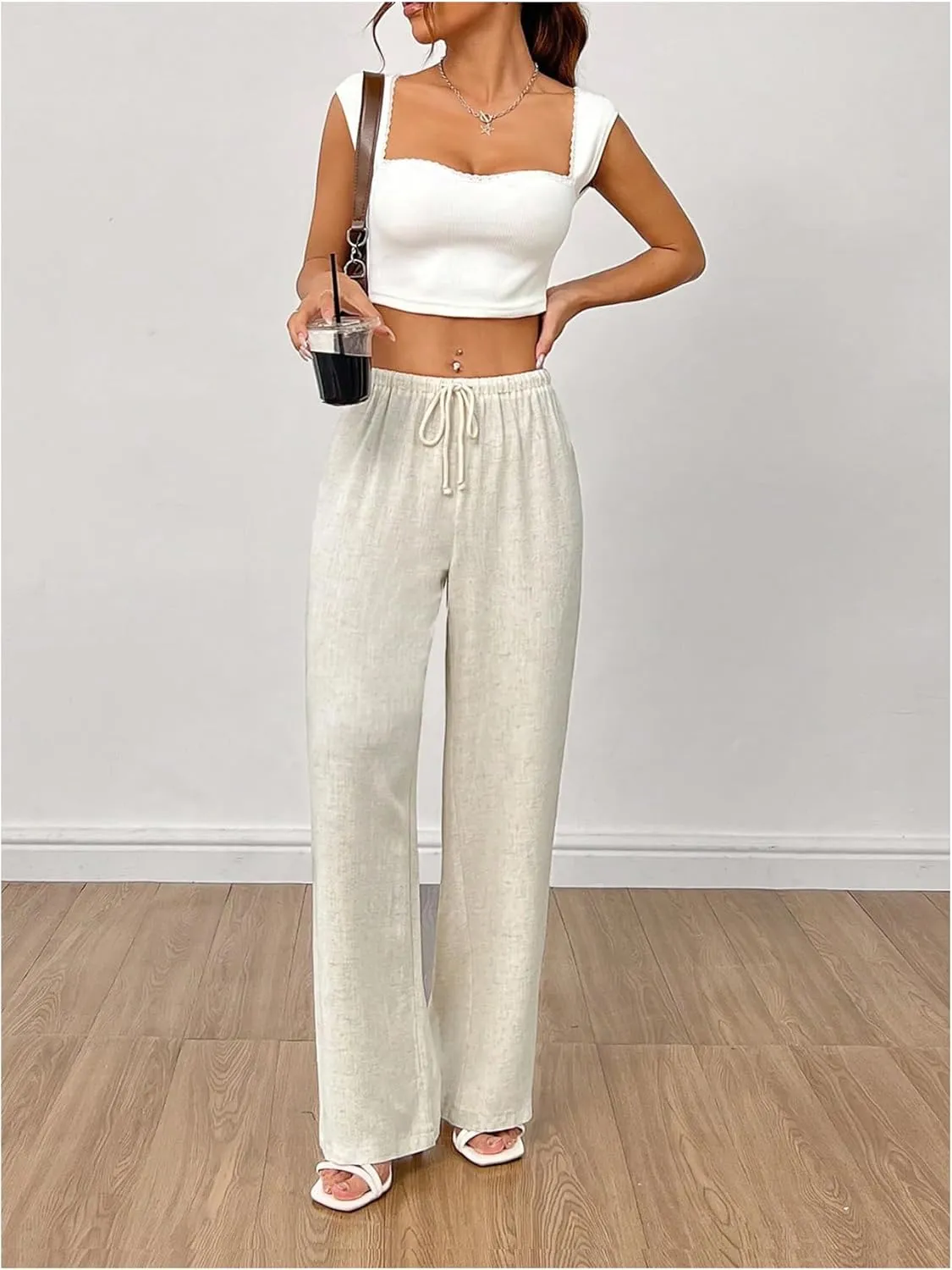 SOLY HUX Women's Casual Drawstring Elastic Waist Pants Wide Leg Long Pants