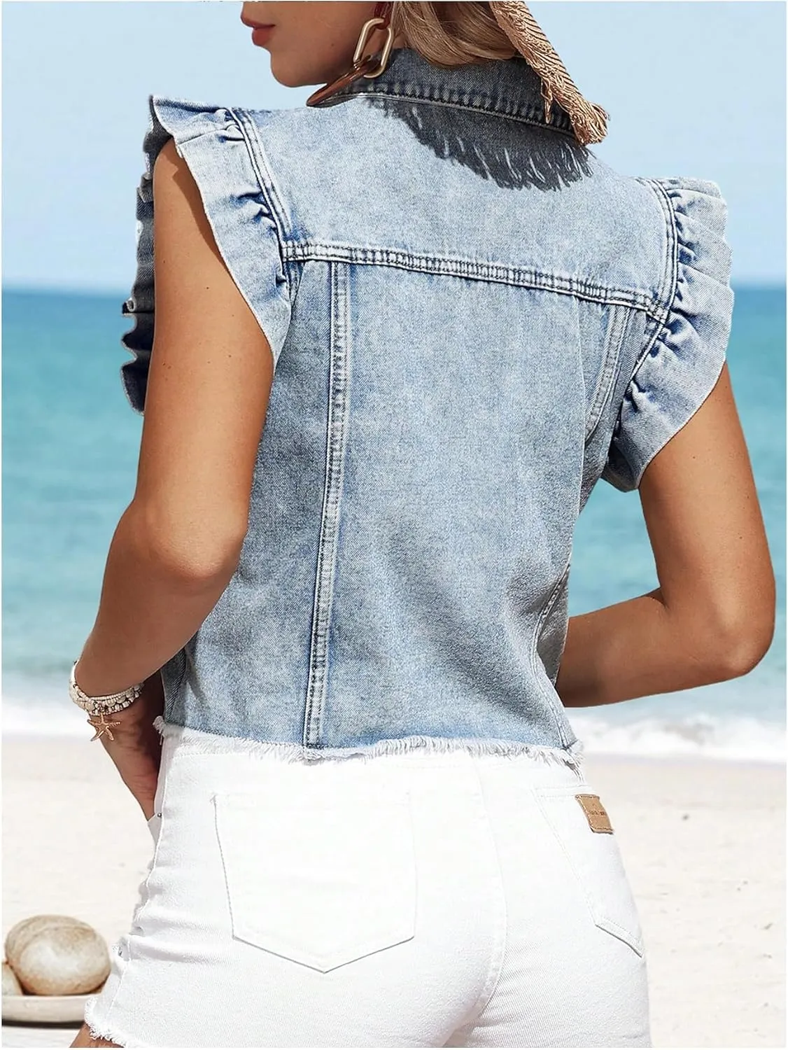 SOLY HUX Women's Denim Jacket Ruffle Cap Sleeve Button Down Summer Jean Jackets