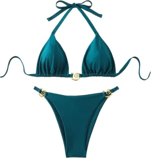 SOLY HUX Women's Plus Size Swimsuit Halter Triangle Tie Back Bikini Set Two Piece Bathing Suit