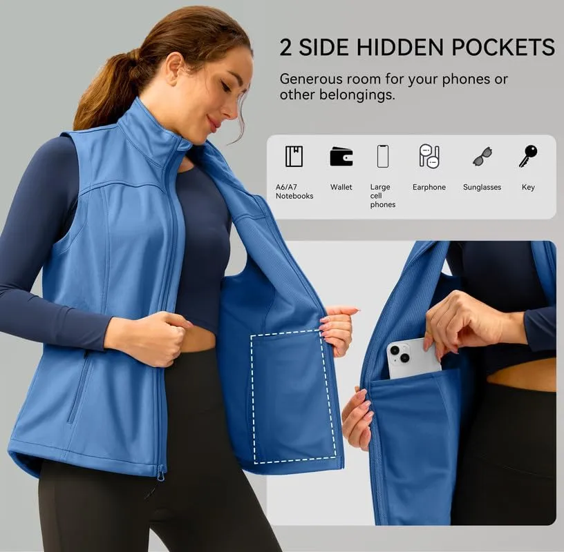 Soothfeel Women's Vest with Zipper Pocekts Lightweight Softshell Sleeveless Jacket Hiking Travel Golf Running Vest for Women