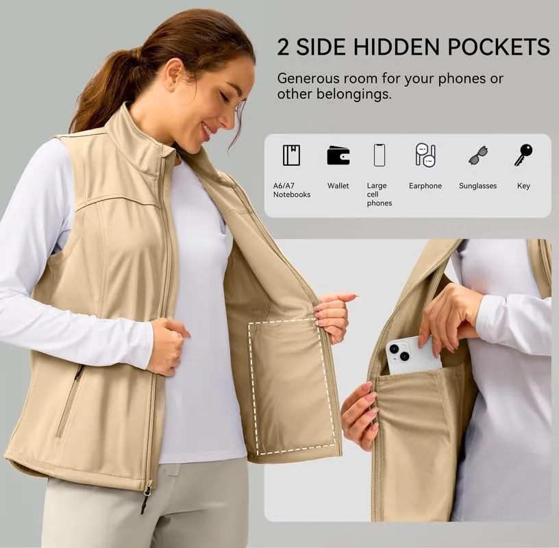 Soothfeel Women's Vest with Zipper Pocekts Lightweight Softshell Sleeveless Jacket Hiking Travel Golf Running Vest for Women