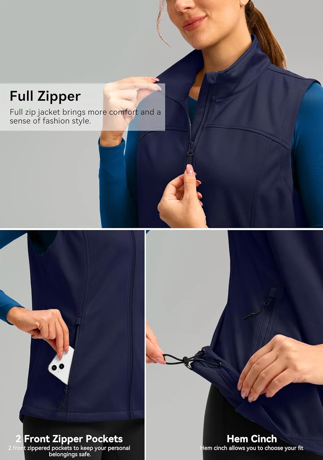 Soothfeel Women's Vest with Zipper Pocekts Lightweight Softshell Sleeveless Jacket Hiking Travel Golf Running Vest for Women