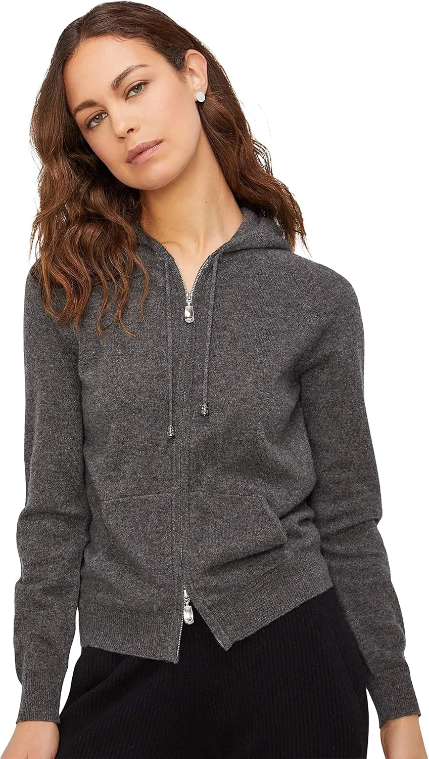 State Cashmere 2-Way Zip Up Hoodie with Pockets and Zipper 100% Pure Cashmere Long Sleeve Sweater for Women Cashmere Hoodies