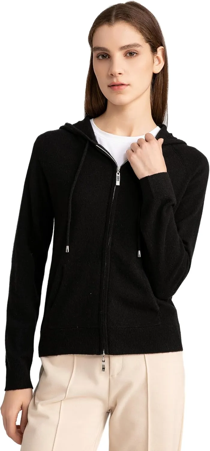 State Cashmere 2-Way Zip Up Hoodie with Pockets and Zipper 100% Pure Cashmere Long Sleeve Sweater for Women Cashmere Hoodies