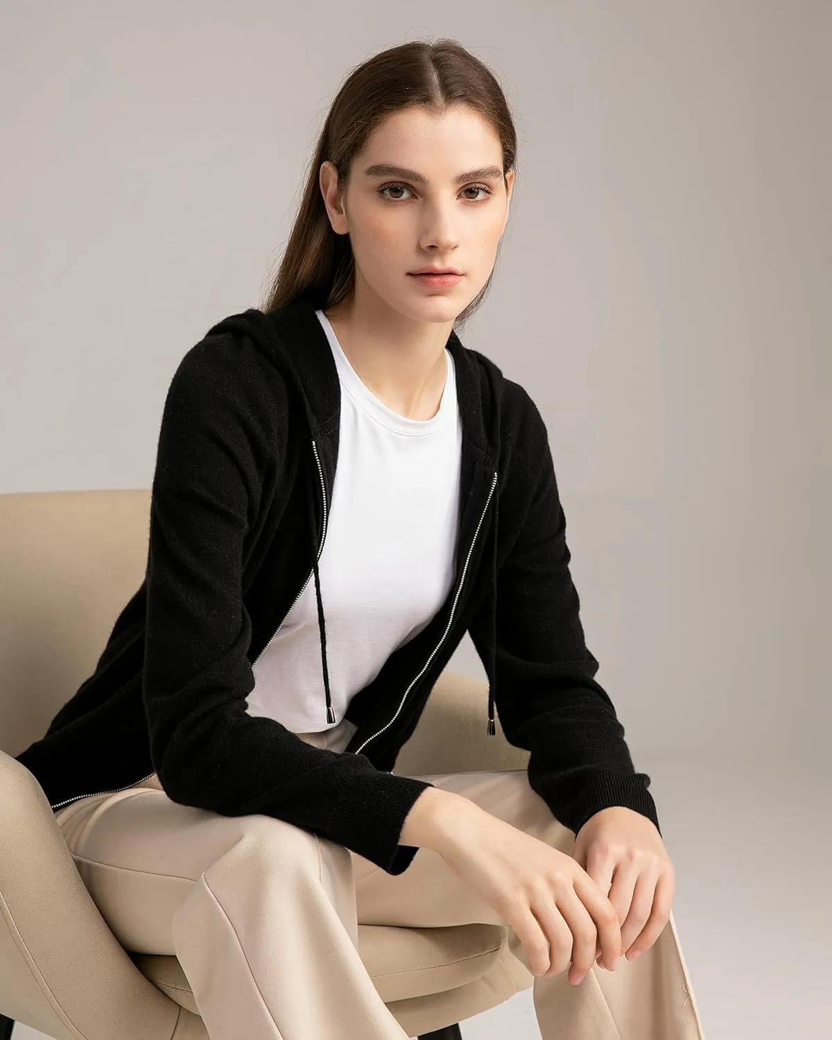 State Cashmere 2-Way Zip Up Hoodie with Pockets and Zipper 100% Pure Cashmere Long Sleeve Sweater for Women Cashmere Hoodies