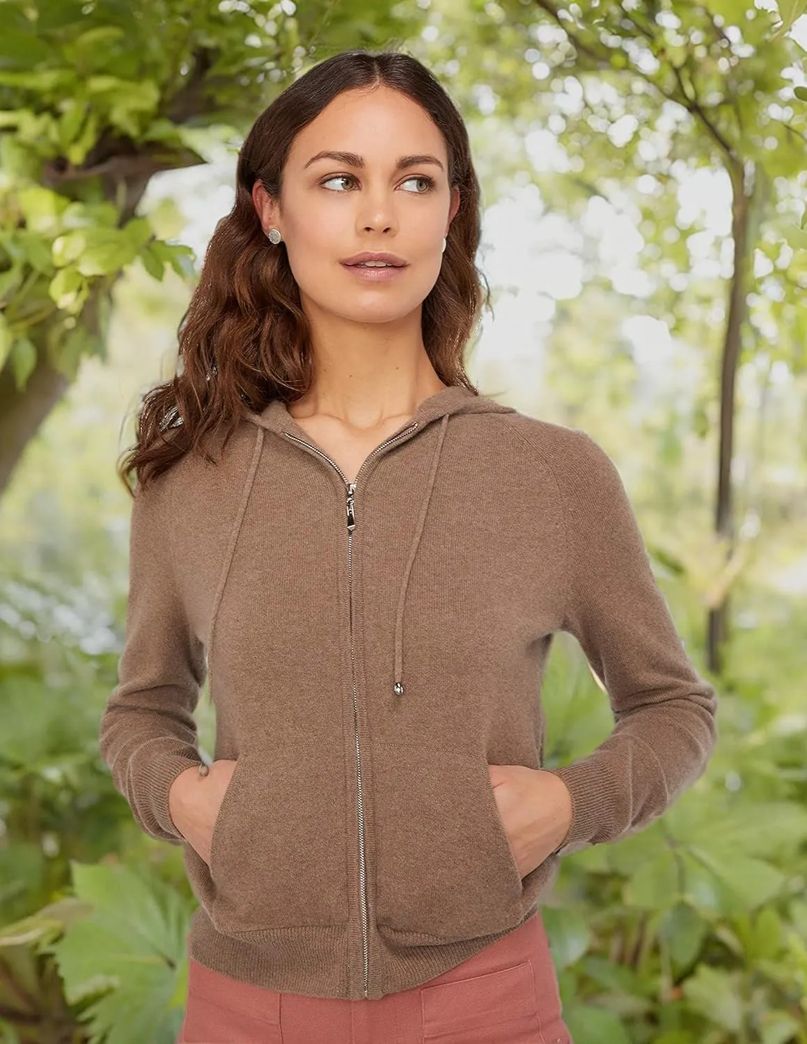 State Cashmere 2-Way Zip Up Hoodie with Pockets and Zipper 100% Pure Cashmere Long Sleeve Sweater for Women Cashmere Hoodies