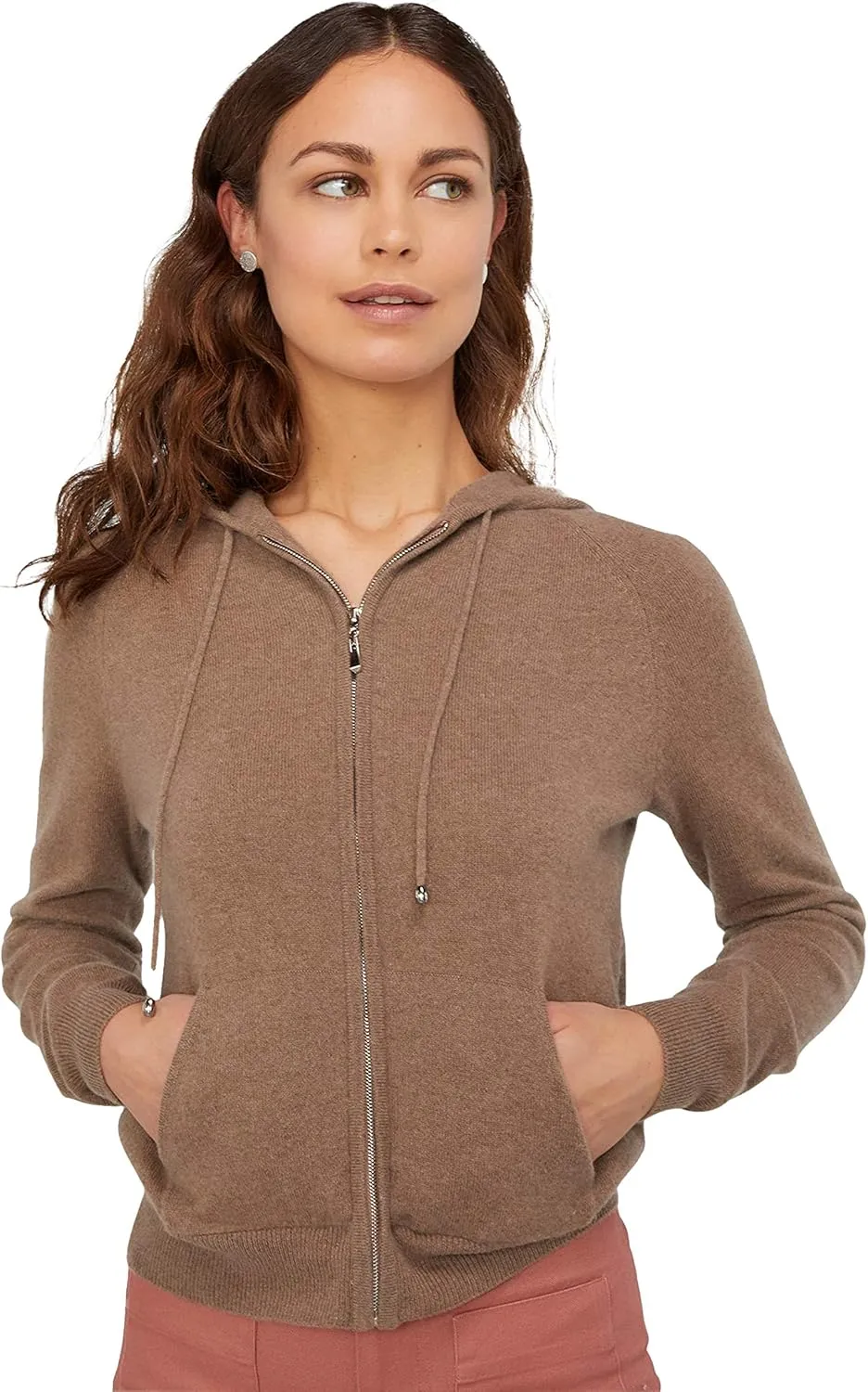State Cashmere 2-Way Zip Up Hoodie with Pockets and Zipper 100% Pure Cashmere Long Sleeve Sweater for Women Cashmere Hoodies