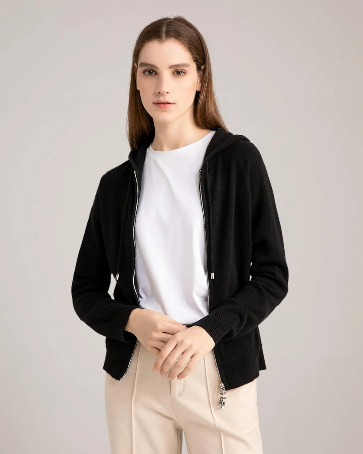 State Cashmere 2-Way Zip Up Hoodie with Pockets and Zipper 100% Pure Cashmere Long Sleeve Sweater for Women Cashmere Hoodies