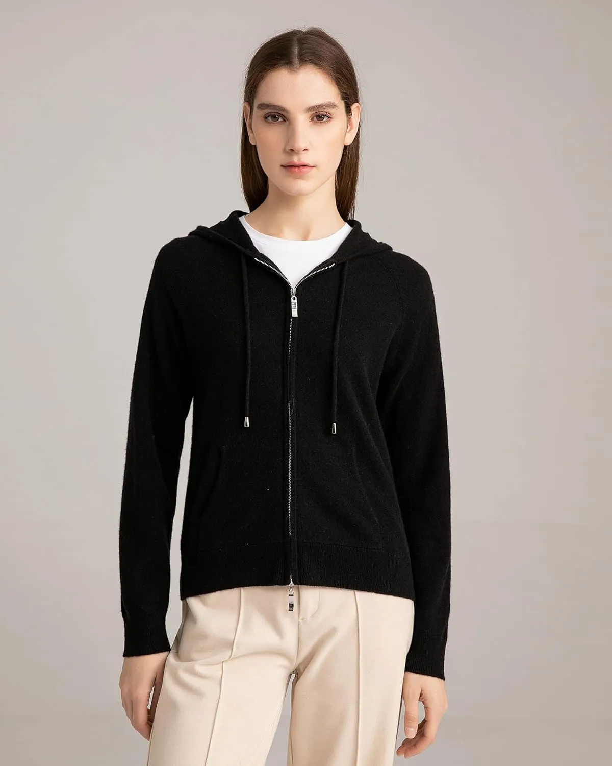 State Cashmere 2-Way Zip Up Hoodie with Pockets and Zipper 100% Pure Cashmere Long Sleeve Sweater for Women Cashmere Hoodies