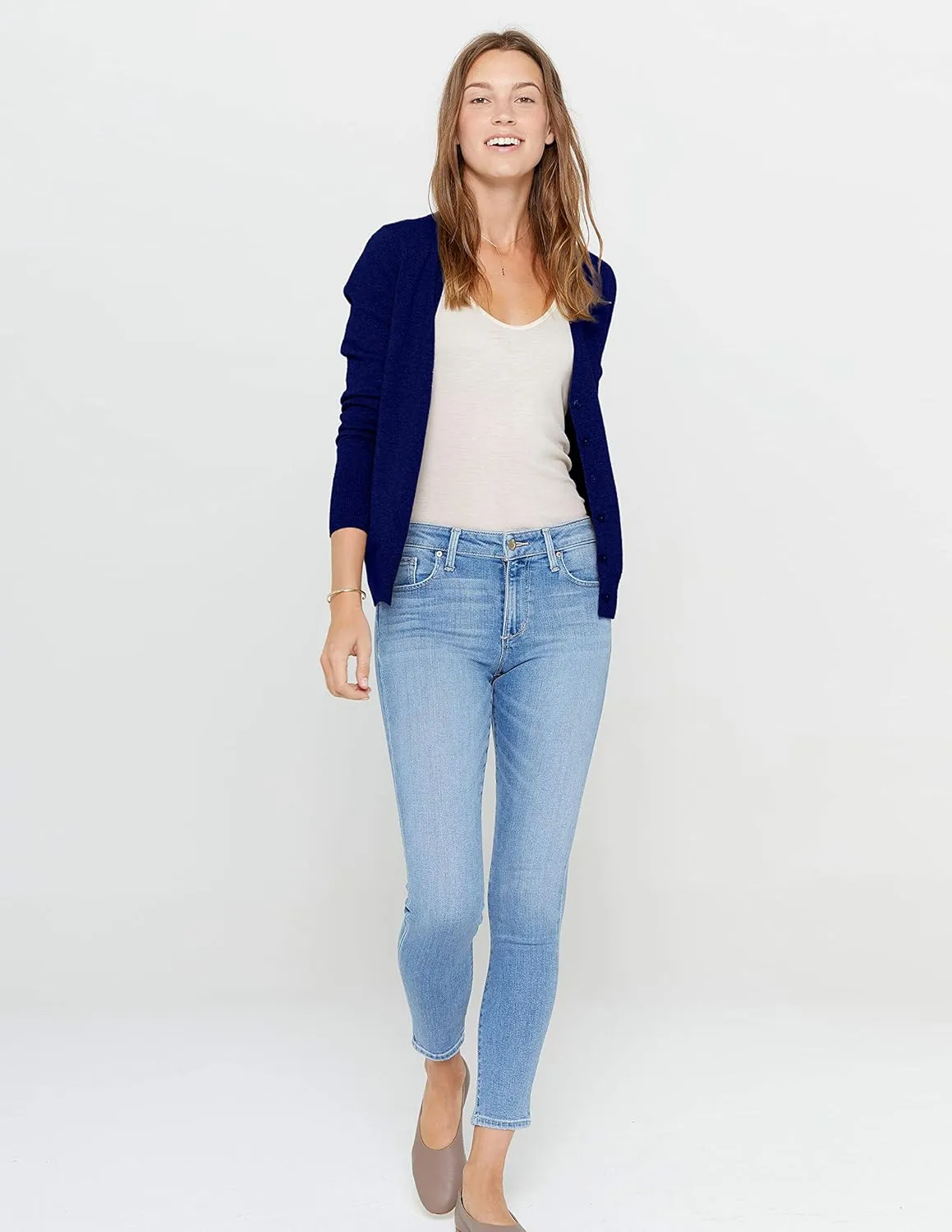 State Cashmere Women's Button Front V-Neck Cardigan 100% Pure Cashmere Long Sleeve Sweater