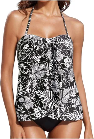 Strapless Tankini Set for Women Bandeau Cross Bathing Suit Retro Twist Swimsuits Loose Swim Top with Bikini Bottom