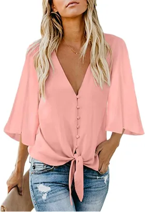 Summer Button Down Shirts for Women,Tie Knot Front Tops 3/4 Batwing Sleeve Boho Floral Oversized t Shirts