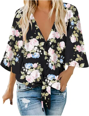 Summer Button Down Shirts for Women,Tie Knot Front Tops 3/4 Batwing Sleeve Boho Floral Oversized t Shirts