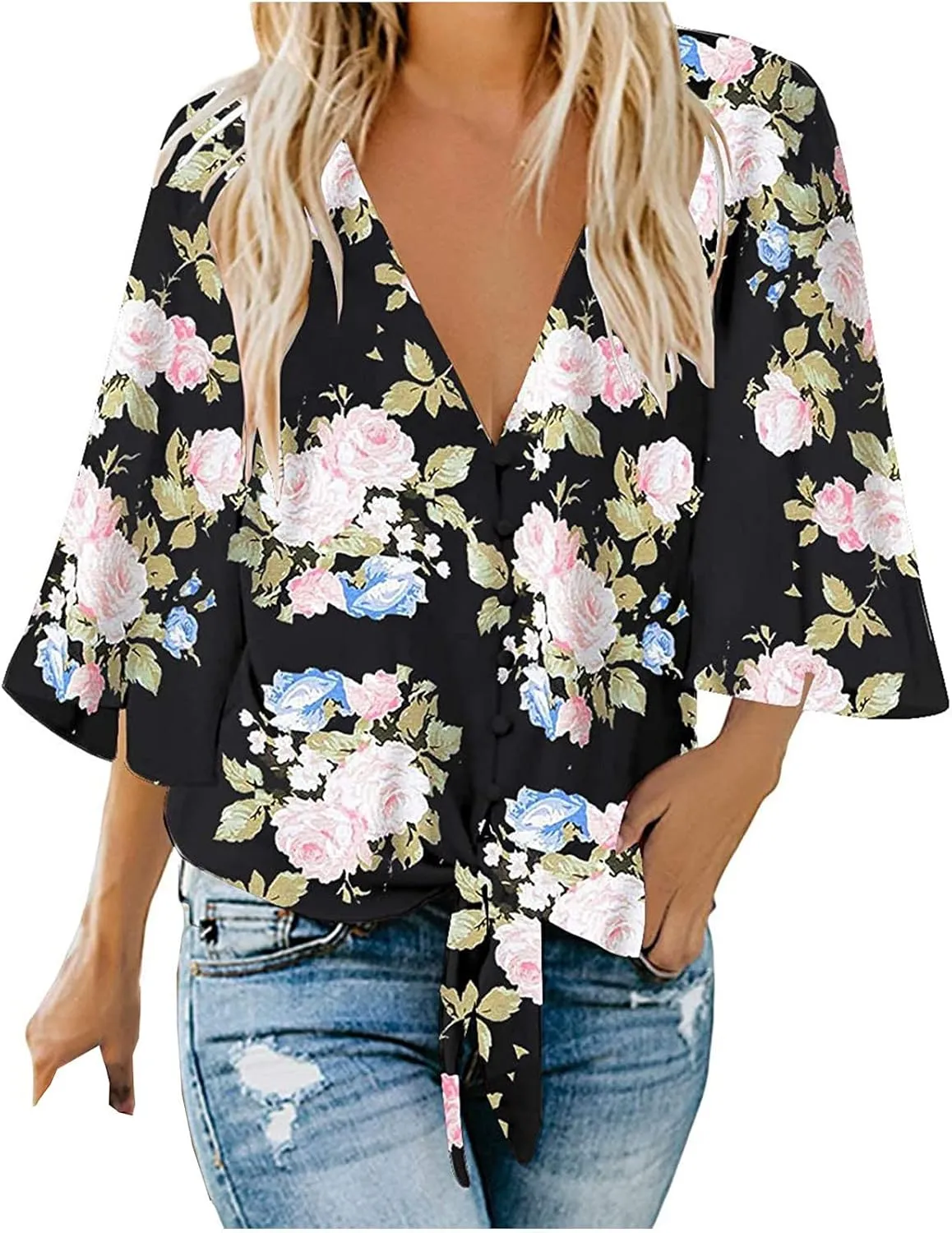 Summer Button Down Shirts for Women,Tie Knot Front Tops 3/4 Batwing Sleeve Boho Floral Oversized t Shirts