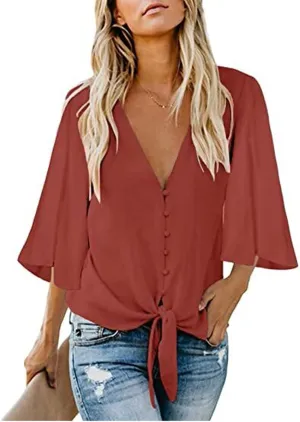 Summer Button Down Shirts for Women,Tie Knot Front Tops 3/4 Batwing Sleeve Boho Floral Oversized t Shirts