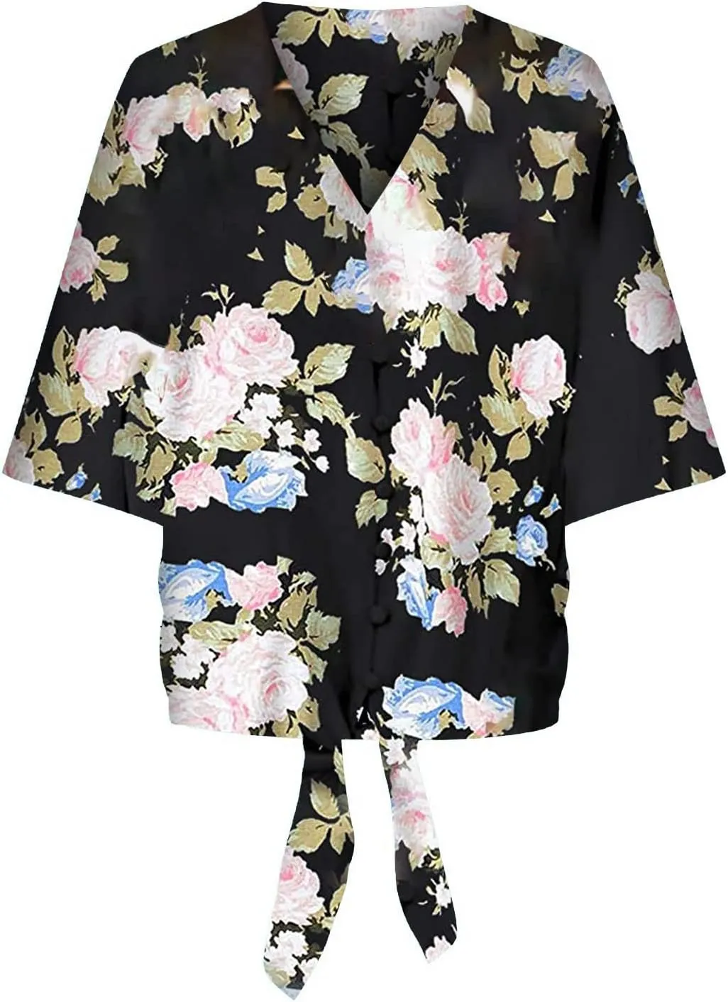 Summer Button Down Shirts for Women,Tie Knot Front Tops 3/4 Batwing Sleeve Boho Floral Oversized t Shirts
