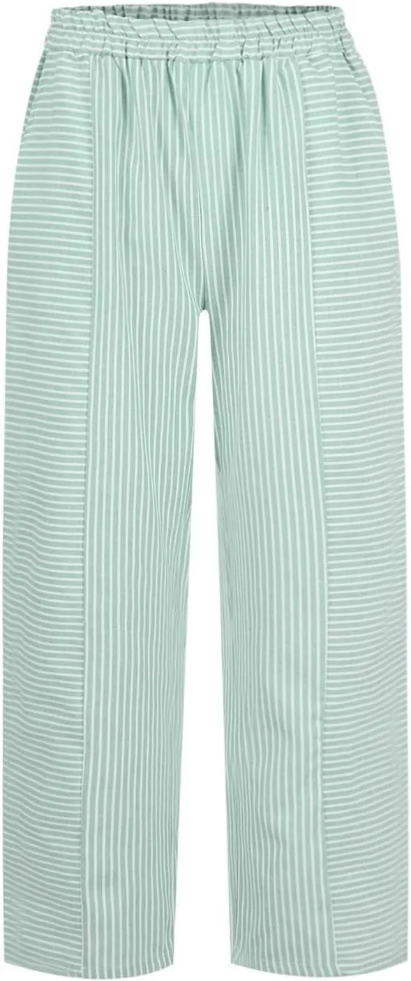 Summer Linen Pants for Women Striped Printed Side Button Pants Baggy Elastic Waist Straight Leg Trousers with Pockets