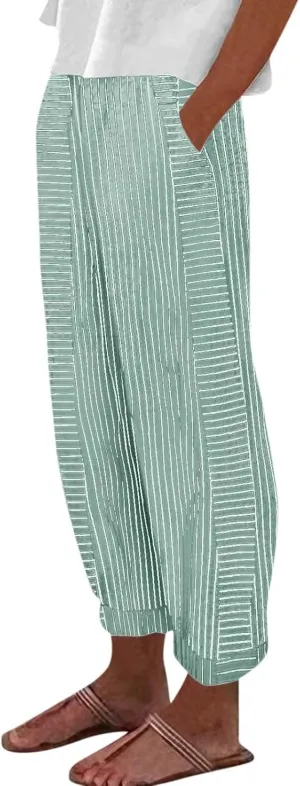 Summer Linen Pants for Women Striped Printed Side Button Pants Baggy Elastic Waist Straight Leg Trousers with Pockets