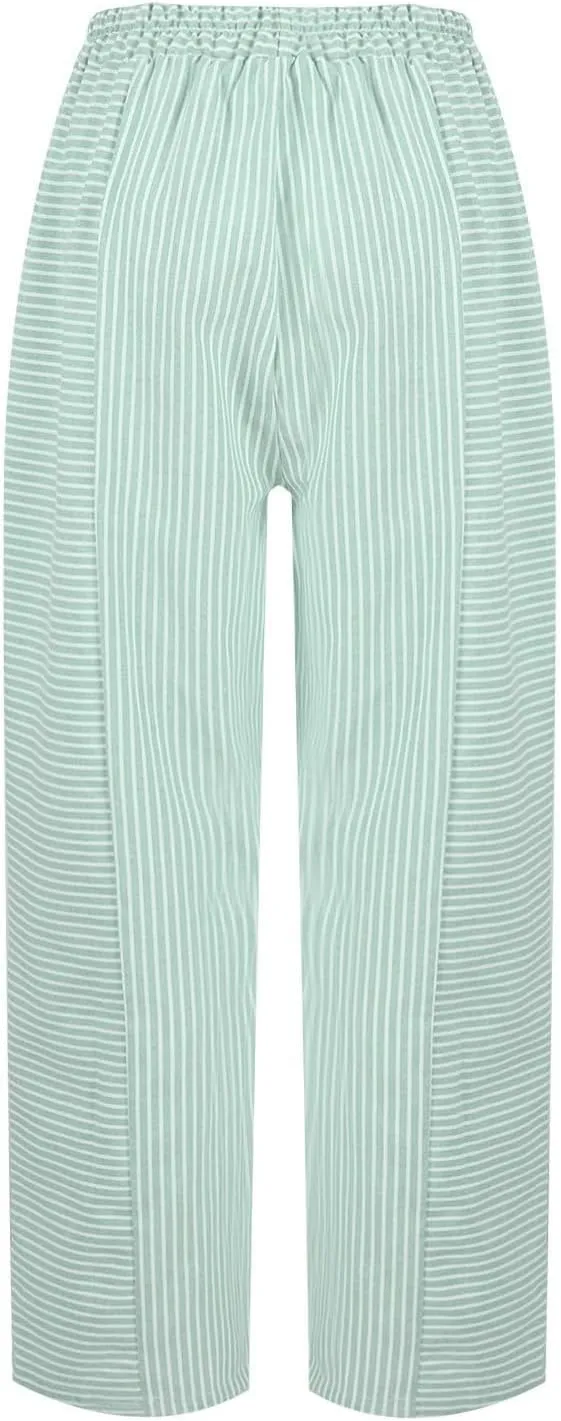 Summer Linen Pants for Women Striped Printed Side Button Pants Baggy Elastic Waist Straight Leg Trousers with Pockets