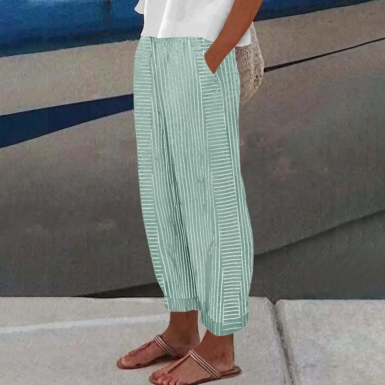 Summer Linen Pants for Women Striped Printed Side Button Pants Baggy Elastic Waist Straight Leg Trousers with Pockets
