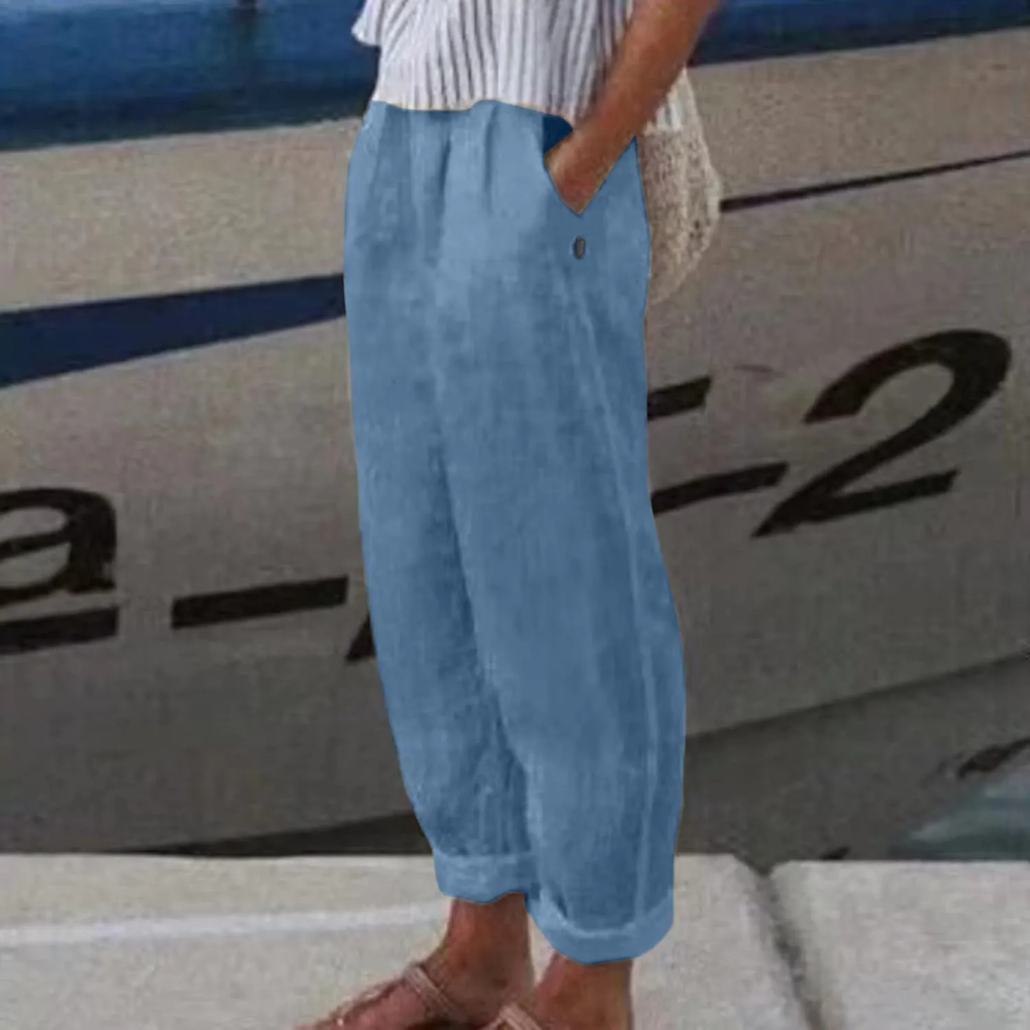 Summer Pants for Women 2024 Plus Size Linen Cotton Solid Lightweight Elastic Waist Casual Loose Comfy Trousers with Pockets