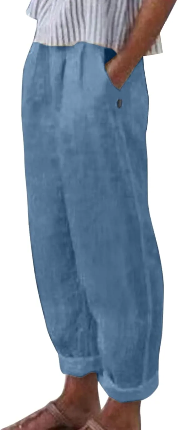 Summer Pants for Women 2024 Plus Size Linen Cotton Solid Lightweight Elastic Waist Casual Loose Comfy Trousers with Pockets