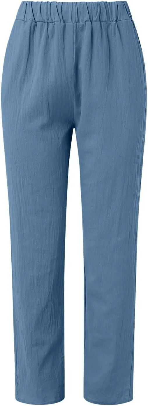Summer Pants for Women 2024 Plus Size Linen Cotton Solid Lightweight Elastic Waist Casual Loose Comfy Trousers with Pockets