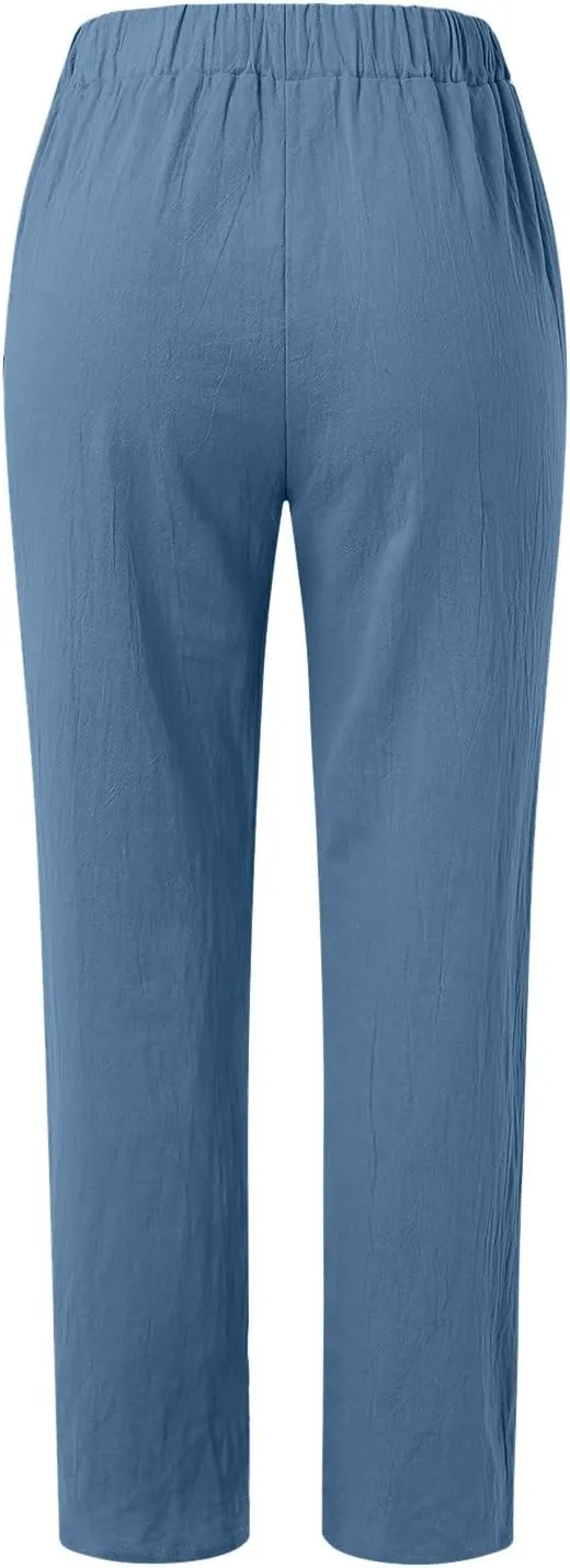 Summer Pants for Women 2024 Plus Size Linen Cotton Solid Lightweight Elastic Waist Casual Loose Comfy Trousers with Pockets