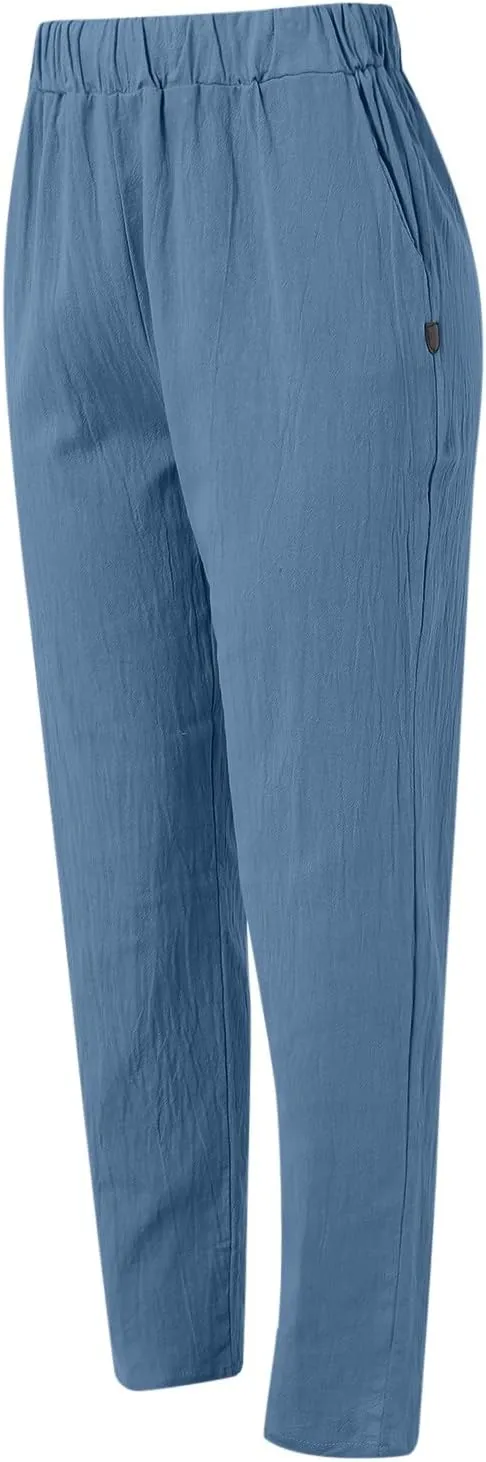 Summer Pants for Women 2024 Plus Size Linen Cotton Solid Lightweight Elastic Waist Casual Loose Comfy Trousers with Pockets