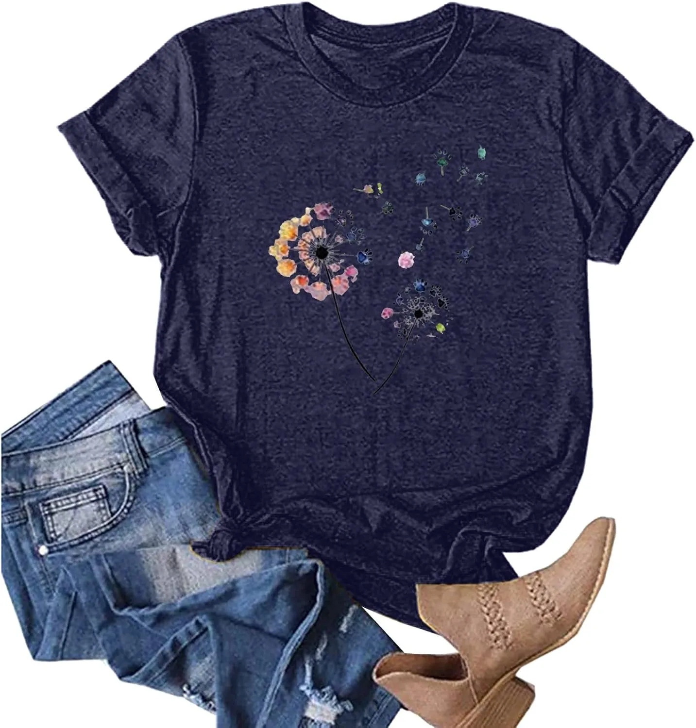 Summer Tops for Women 2025 Cute Floral Graphic Tees Crewneck Short Sleeve Shirts Dandelion Print Teen Girls Cotton Tshirts