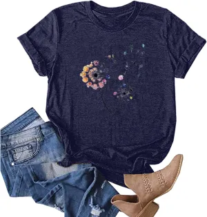 Summer Tops for Women 2025 Cute Floral Graphic Tees Crewneck Short Sleeve Shirts Dandelion Print Teen Girls Cotton Tshirts