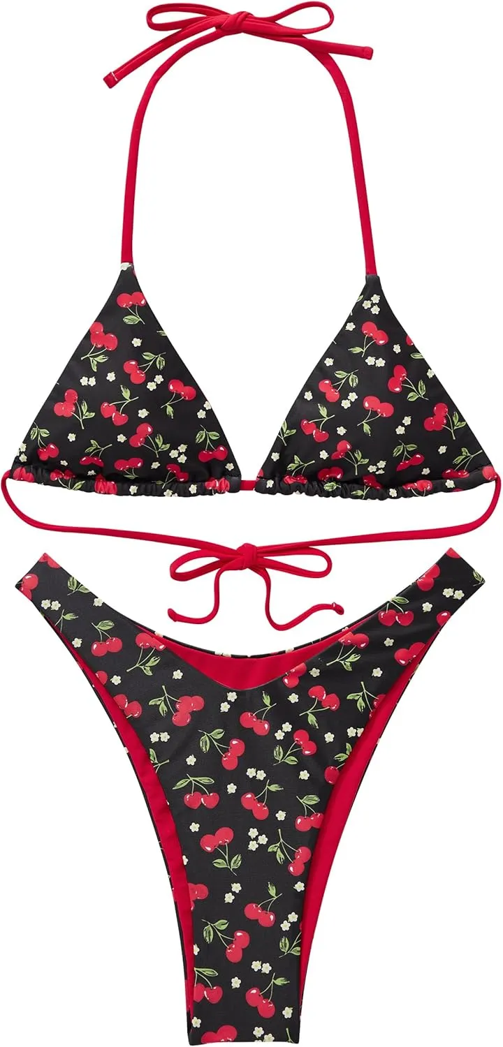 SUUKSESS Women Halter String Two Piece Bikini Sets Reversible Thong Swimsuit