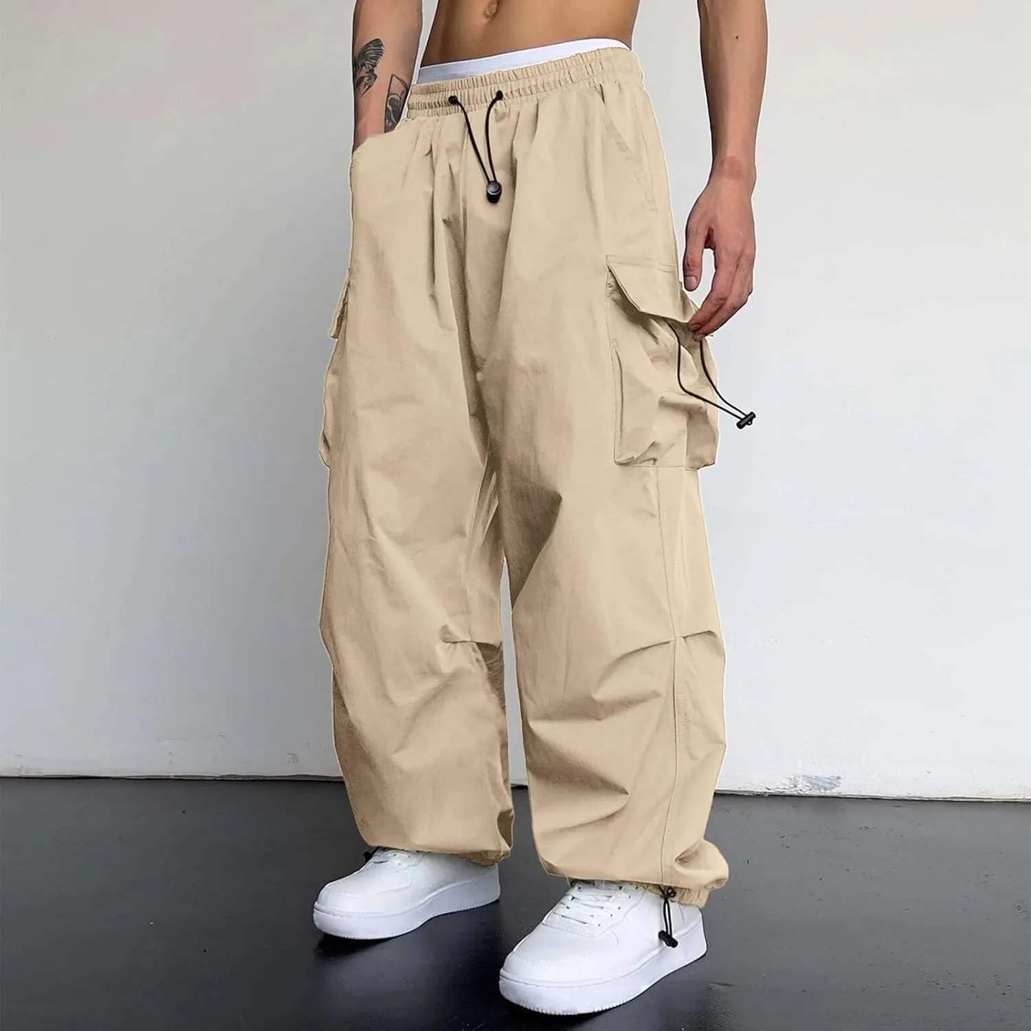 SUWBMHWE Boho Pants Men Harem Mens Stretchy Waist Baggy Trouser Hippie Linen Oversized with Pockets Japanese Streetwear Loun
