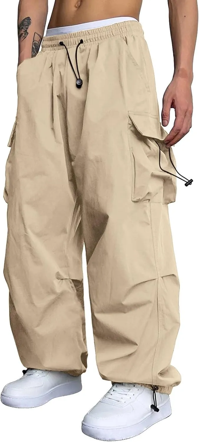 SUWBMHWE Boho Pants Men Harem Mens Stretchy Waist Baggy Trouser Hippie Linen Oversized with Pockets Japanese Streetwear Loun