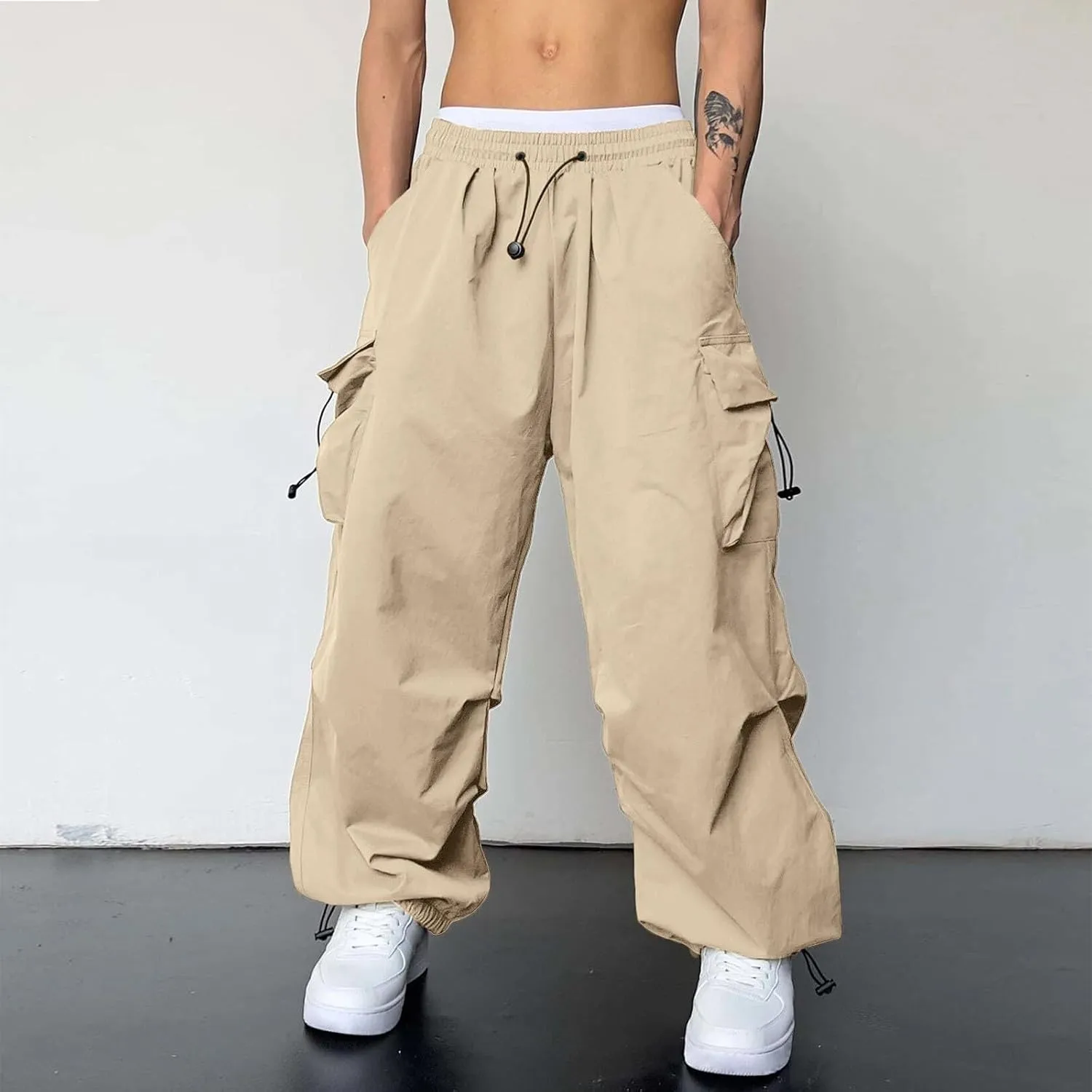 SUWBMHWE Boho Pants Men Harem Mens Stretchy Waist Baggy Trouser Hippie Linen Oversized with Pockets Japanese Streetwear Loun
