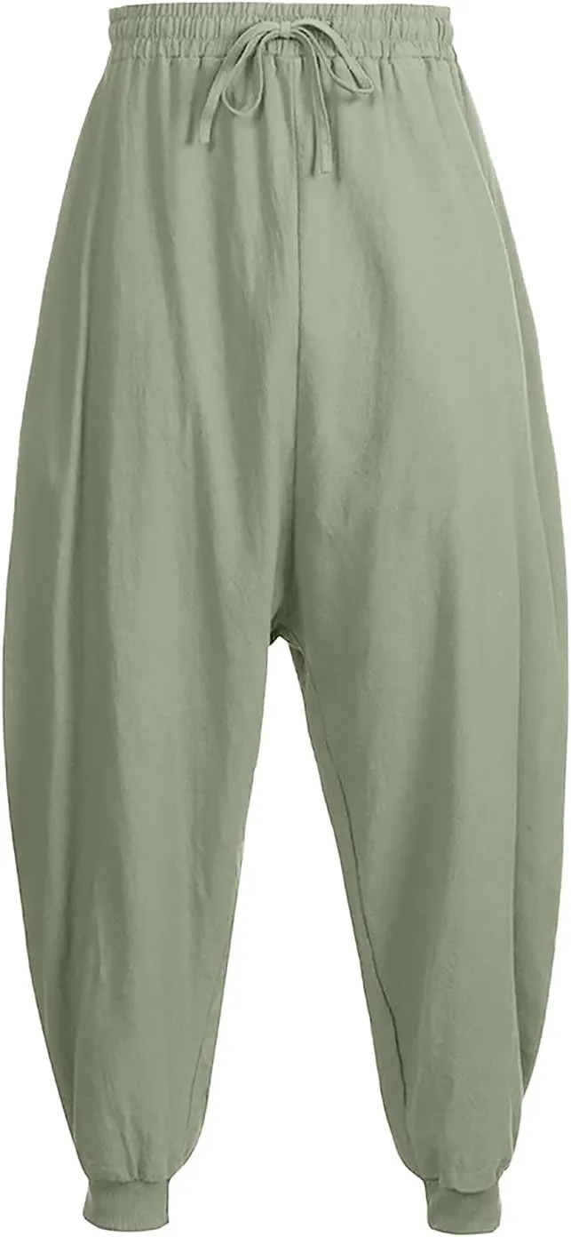 SUWBMHWE Mens Harem Pants Men Linen for Boho Wide-Leg Trousers Japanese Baggy Summer Unisex Thai Fisherman Toji Beach Lounge