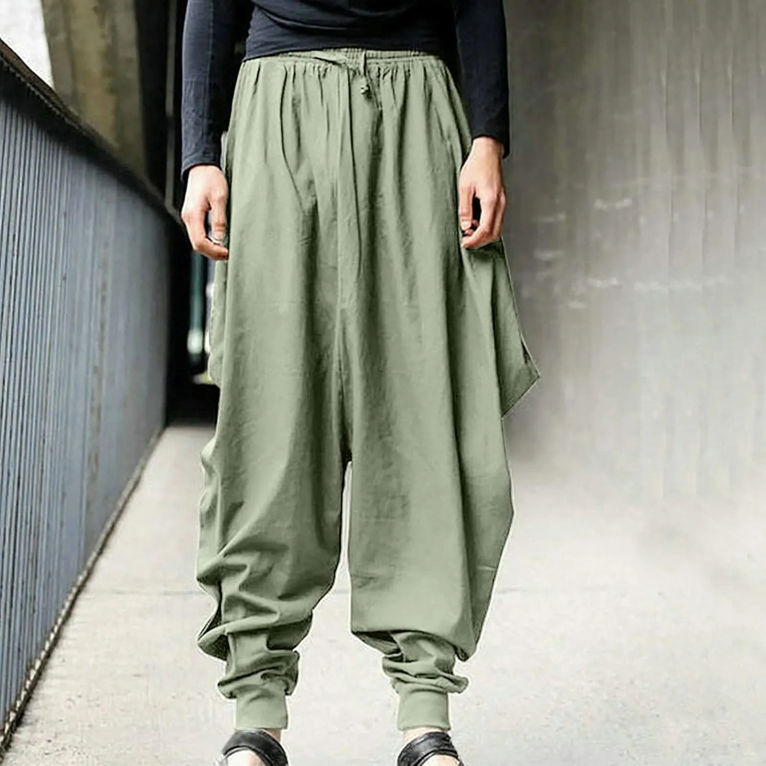 SUWBMHWE Mens Harem Pants Men Linen for Boho Wide-Leg Trousers Japanese Baggy Summer Unisex Thai Fisherman Toji Beach Lounge