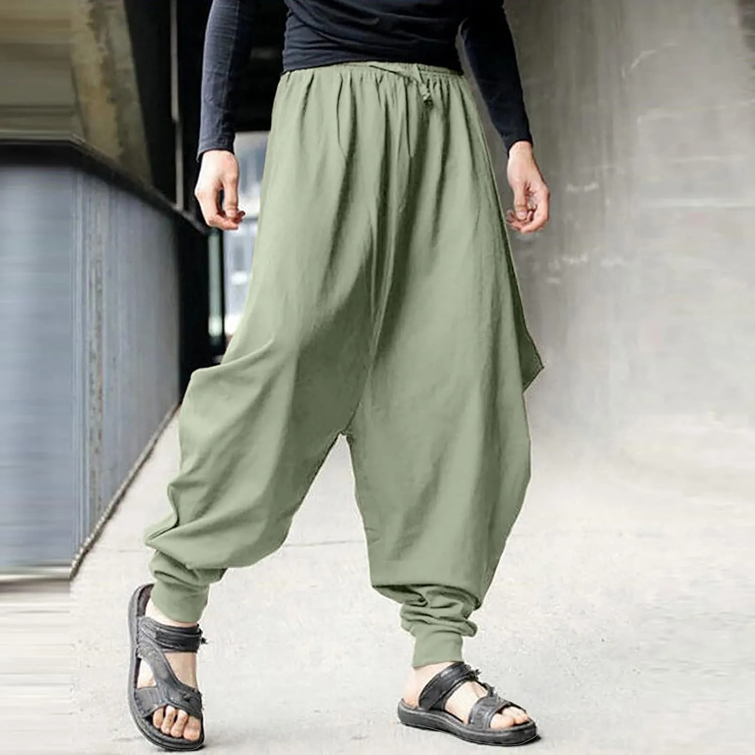 SUWBMHWE Mens Harem Pants Men Linen for Boho Wide-Leg Trousers Japanese Baggy Summer Unisex Thai Fisherman Toji Beach Lounge