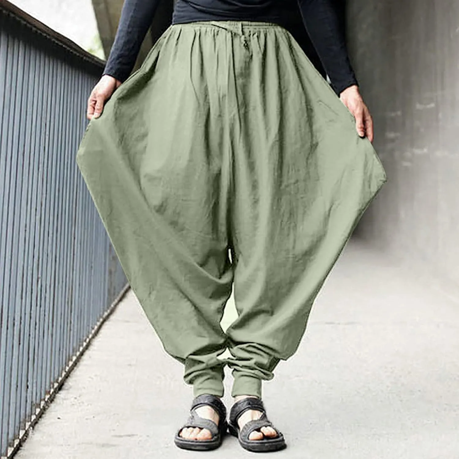 SUWBMHWE Mens Harem Pants Men Linen for Boho Wide-Leg Trousers Japanese Baggy Summer Unisex Thai Fisherman Toji Beach Lounge