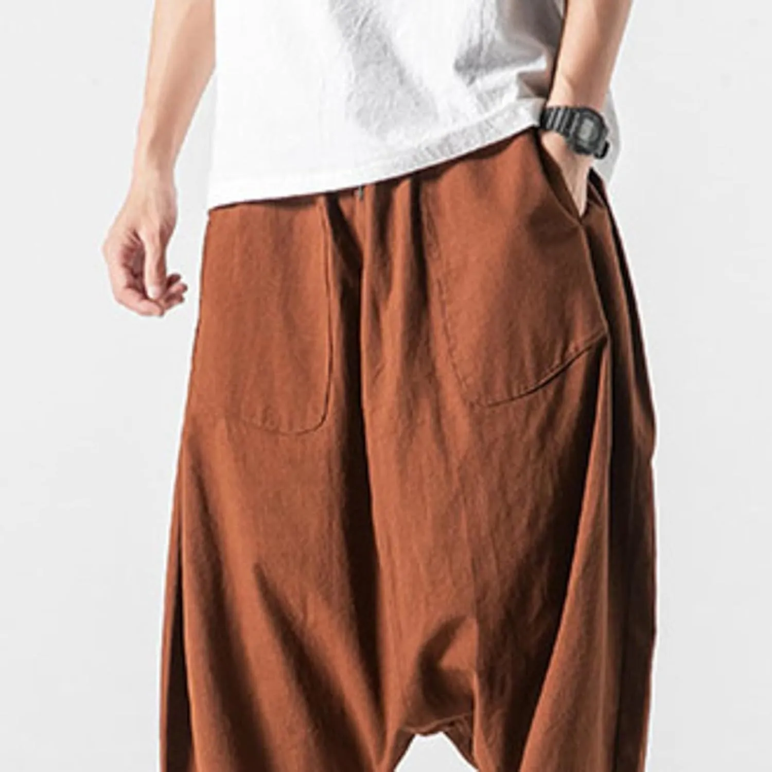 SUWBMHWE Mens Hippie Pants Harem Men Long Shorts Casual Comfy Wide-Leg Trousers Baggy Boho Beach Yoga Men's Linen Summer Uni